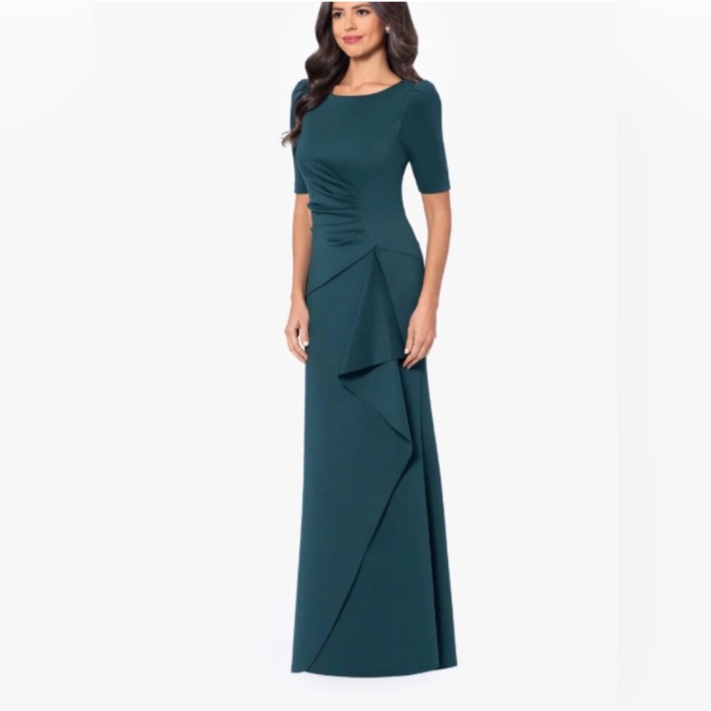Xscape "Demi" Scuba Short Sleeve Side Ruched Floor Length Gown size 6 NWT